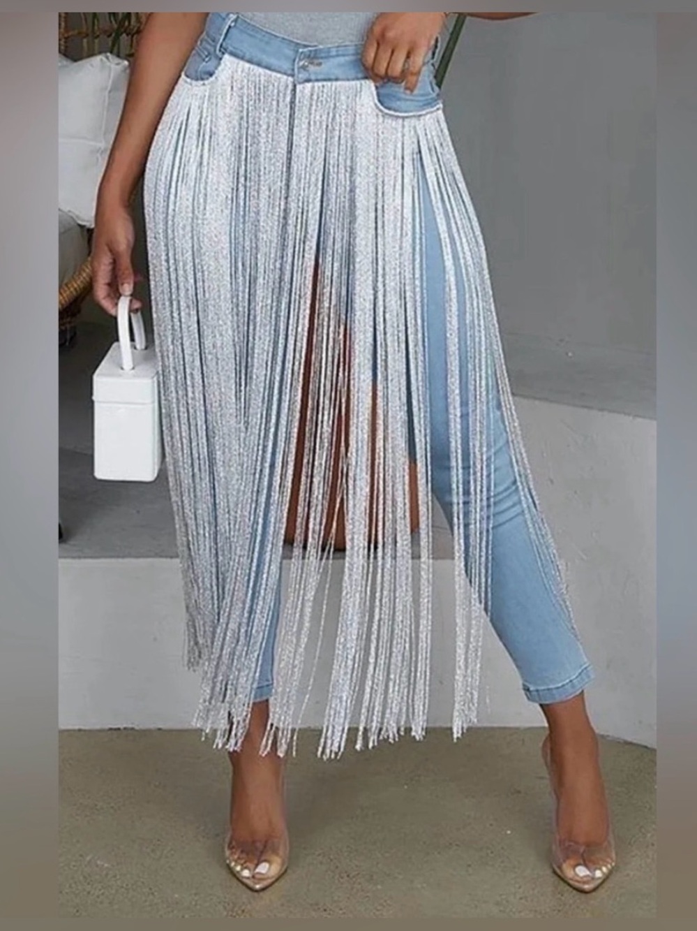 Fringed Asymmetrical Silver-Cream Skirt Overlay
